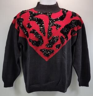 Women All Points by Reference Point Sequin Red Black Holiday Sweater Medium